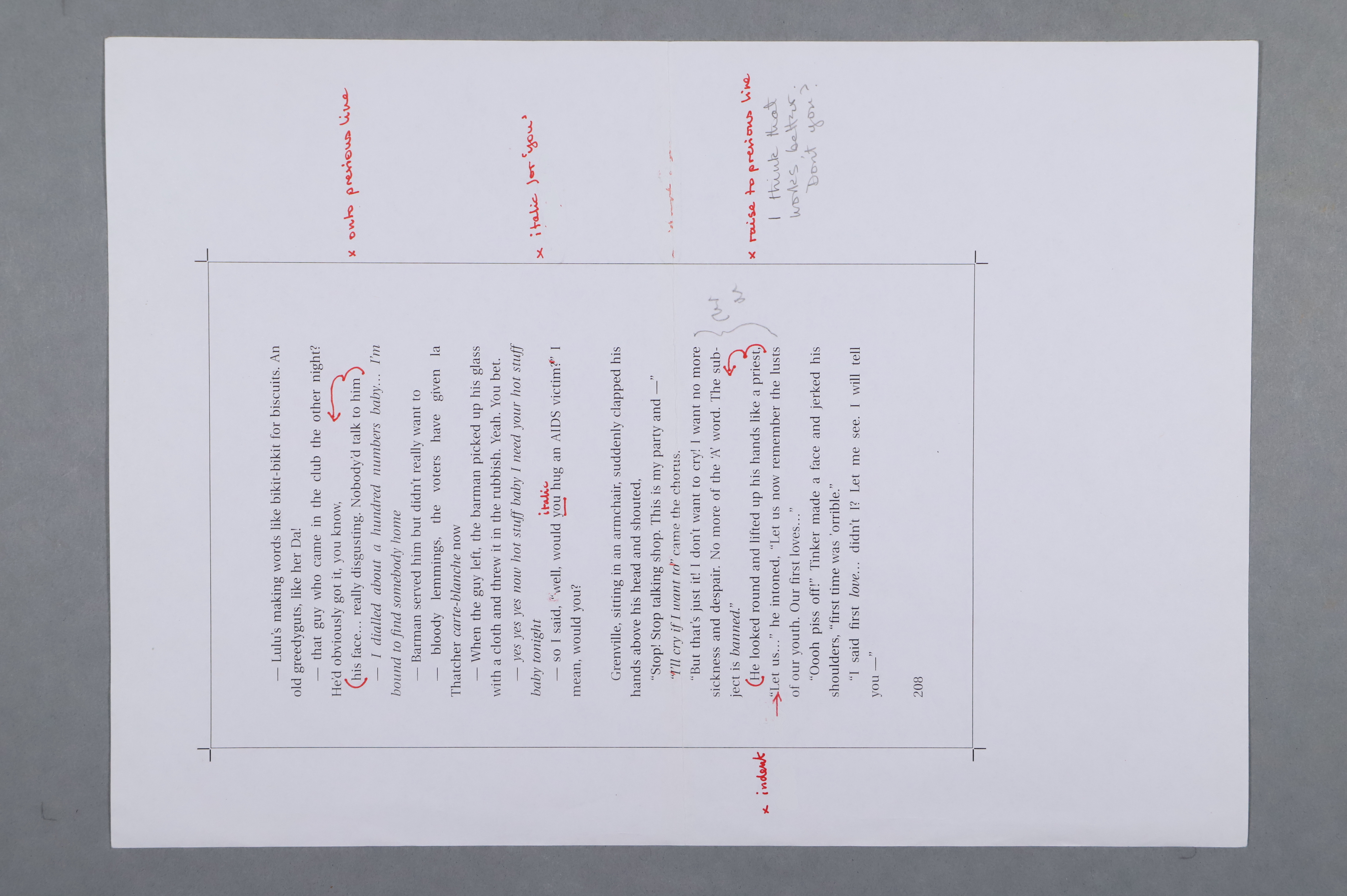 Printer's proof of a story, including manuscript annotations in pencil and red ink.